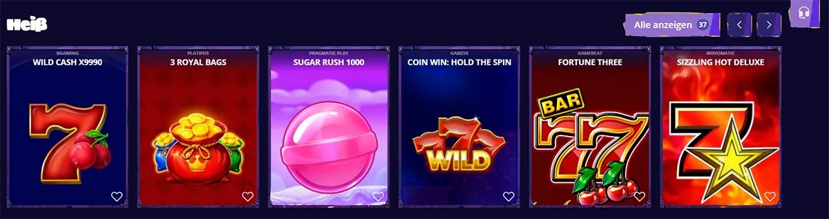 German hot games section showing Wild Cash X9990, 3 Royal Bags, Sugar Rush 1000, Coin Win: Hold the Spin, Fortune Three, and Sizzling Hot Deluxe on a dark casino interface.