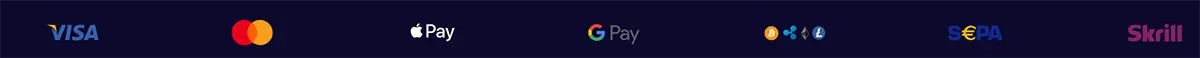 Payment methods banner on a dark blue background featuring Visa, Mastercard, Apple Pay, Google Pay, cryptocurrency, SEPA, and Skrill logos.