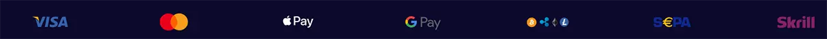Payment methods banner on a dark blue background featuring Visa, Mastercard, Apple Pay, Google Pay, cryptocurrency, SEPA, and Skrill logos.