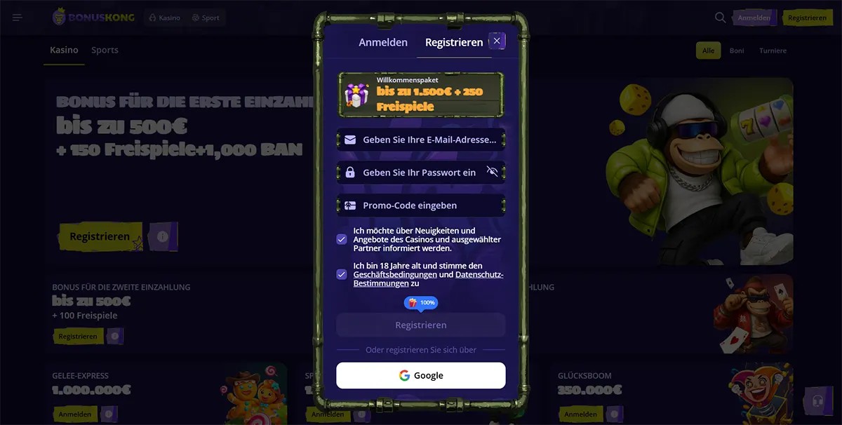German casino registration popup with a welcome package up to €1,500 plus 250 free spins, email and password fields, promo code entry, consent checkboxes, and Google sign-up option over a dark promotions page.